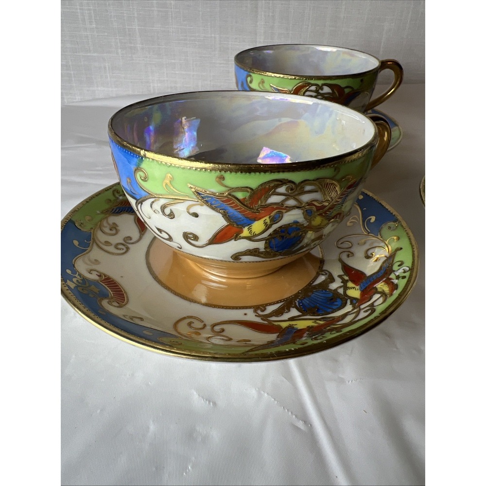 Vintage Handpainted Japan Eggshell Porcelain Tea Cups Saucers Set Of 4 Luster